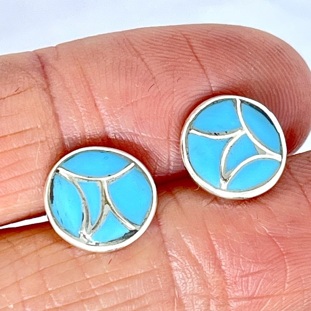 Zuni Turquoise Stud Earrings Fish Scale 10mm Round Sterling 925 Inlay Native Ame